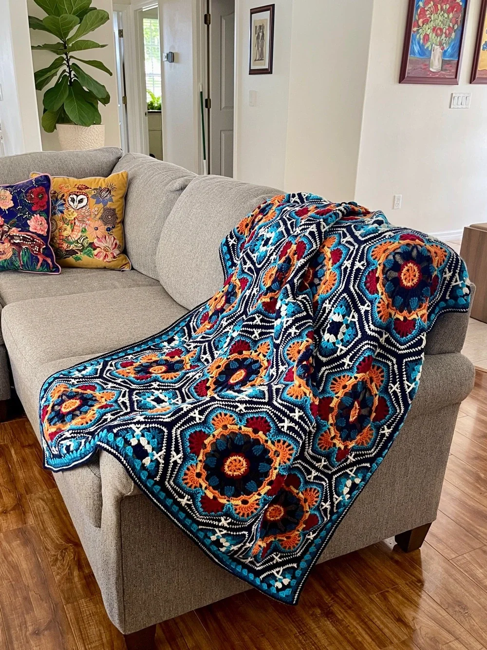 Crochet Throw Blanket, Blue & Orange, Persian Tile Style, Acrylic, 50” x 50”